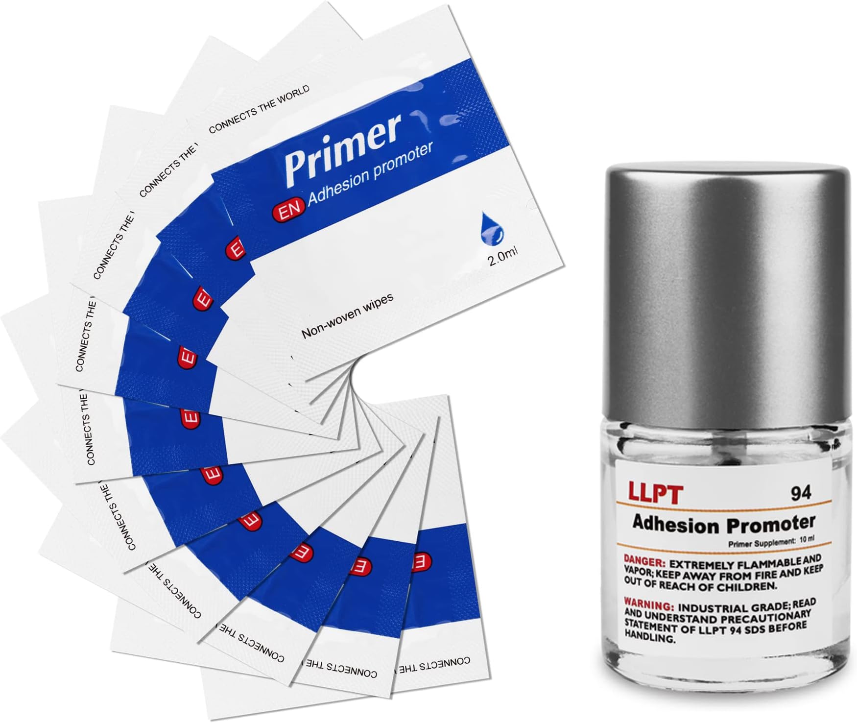 LLPT 94 Adhesion Promoter 10ml Bottle Primer with 10 Dry Wipes for Acrylic Double Sided Mounting Molding Tape