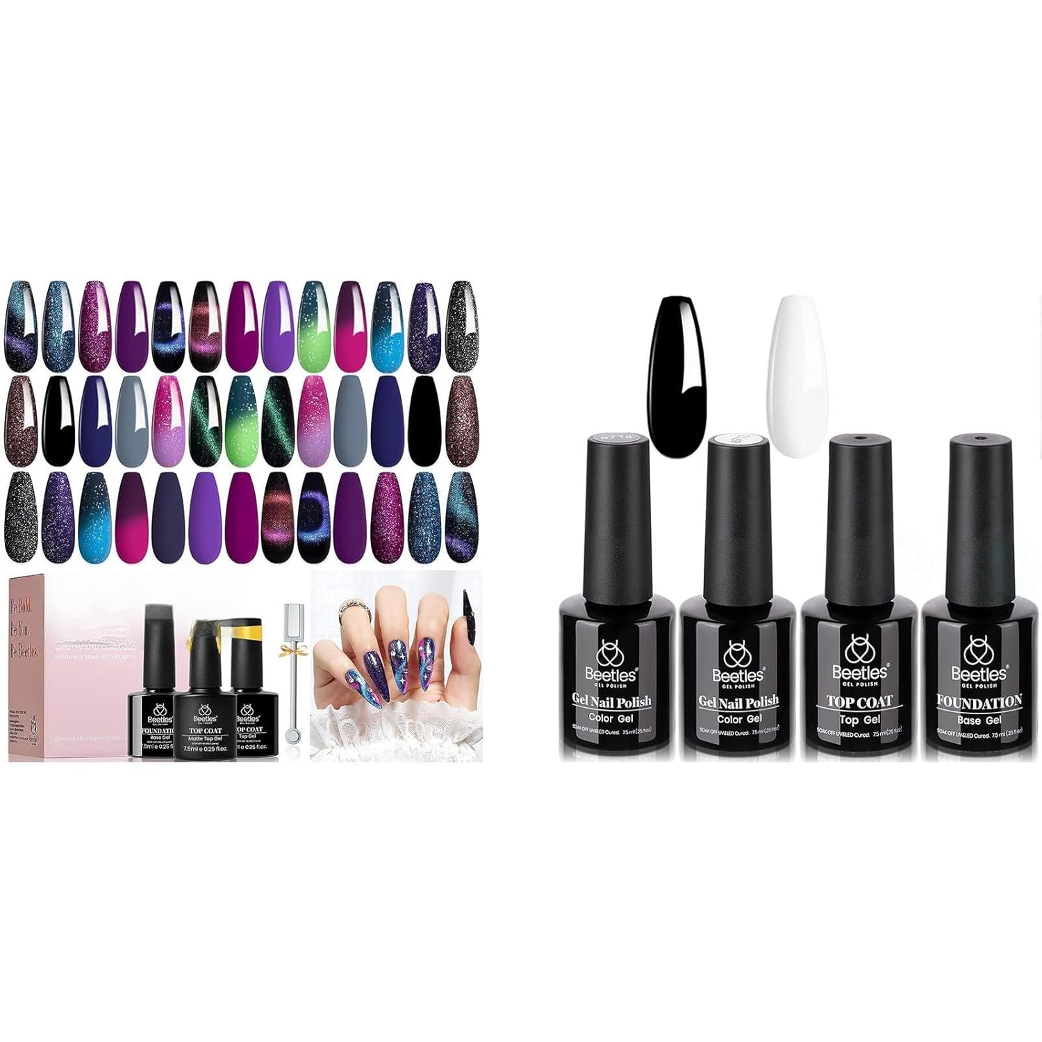 Beetles 24Pcs 20 Colors Glitter Dark Color Cat Eye Gel Polish Setand Gel Nail Polish Set 4Pcs White Black Gel Nail Polish with No Wipe Top&Base Coat