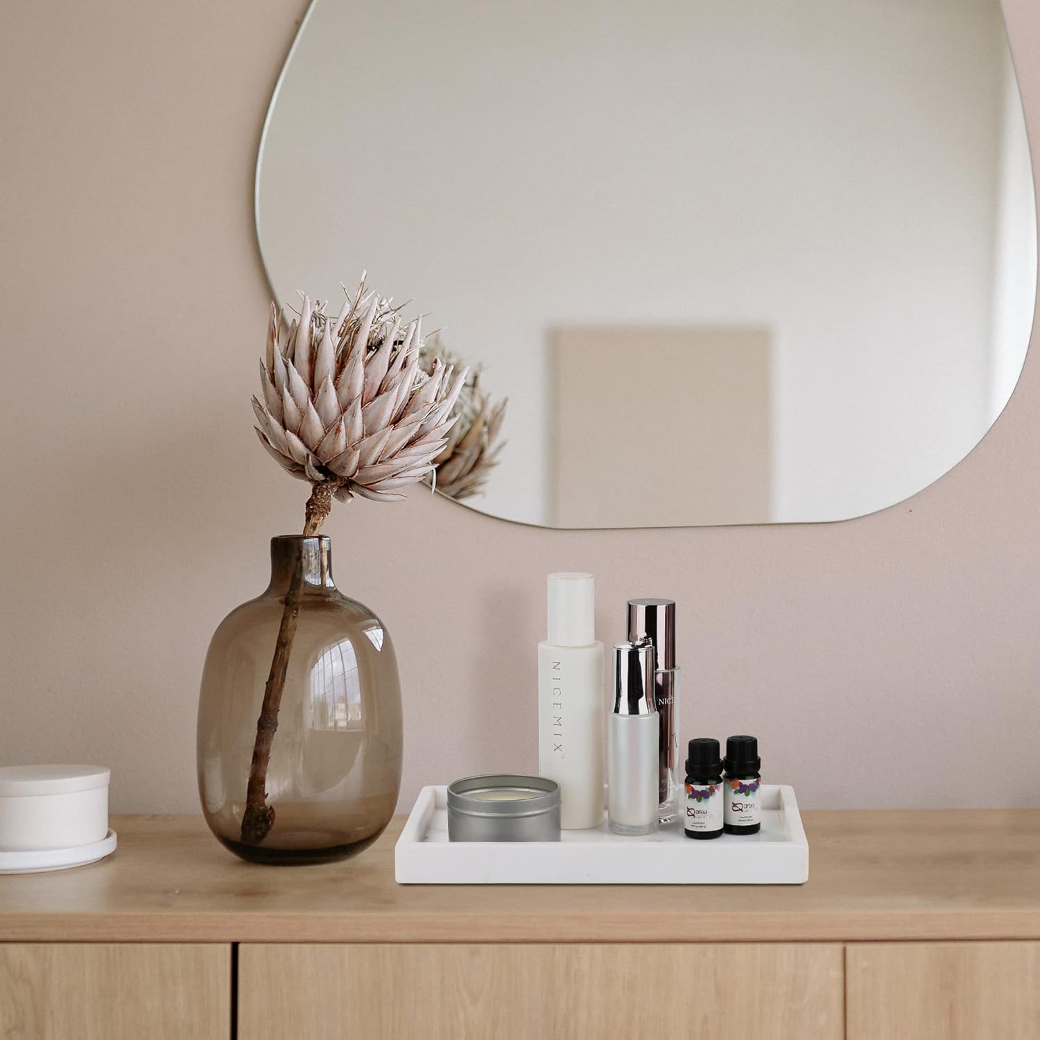 WORHE Marble Cotton Swabs Container, Marble Tray Set Jewelry & Perfume Storage Tray for Counter Kitchen Home Decor Storage Canisters with Lid for Bedroom Bathroom White