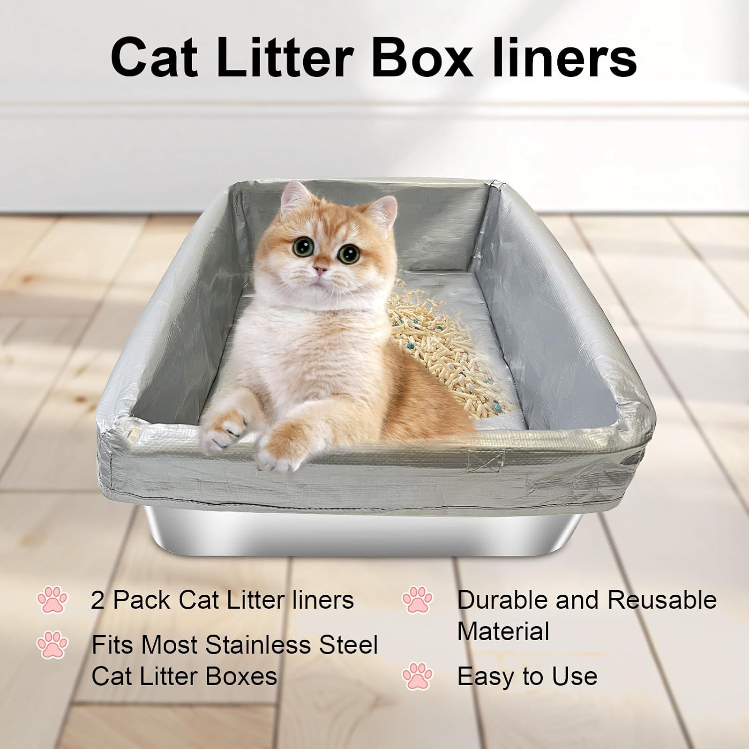 2 Pack Reusable Cat Litter Box Liners for Stainless Steel Boxes (Fits 6'' & 8'' Deep) - Scratch-Resistant & Waterproof Pan Protector, Extends Box Life, Easy to Clean with Non-Slip Design