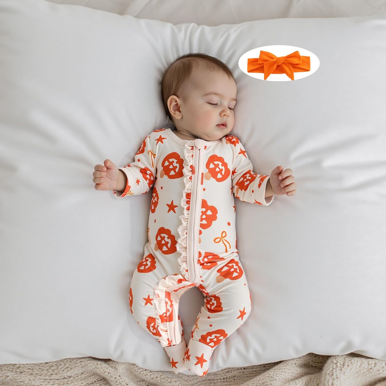 Halloween Newborn Girl Outfit Ghost Ruffle Footed Romper Jumpsuit One Piece | Newborn Baby Girl Halloween Outfit Ghost Pumpkin Print Footies Romper Long Sleeve Ruffle Zipper Jumpsuit Fall Winter Clothes
