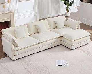 GNIXUU 111.5“ Modular Sectional Sofa, Comfy Chenille Cloud Couch with Movable Ottoman, L Shaped Sectional Couches for Living Room, Apartment, Office(Beige White)