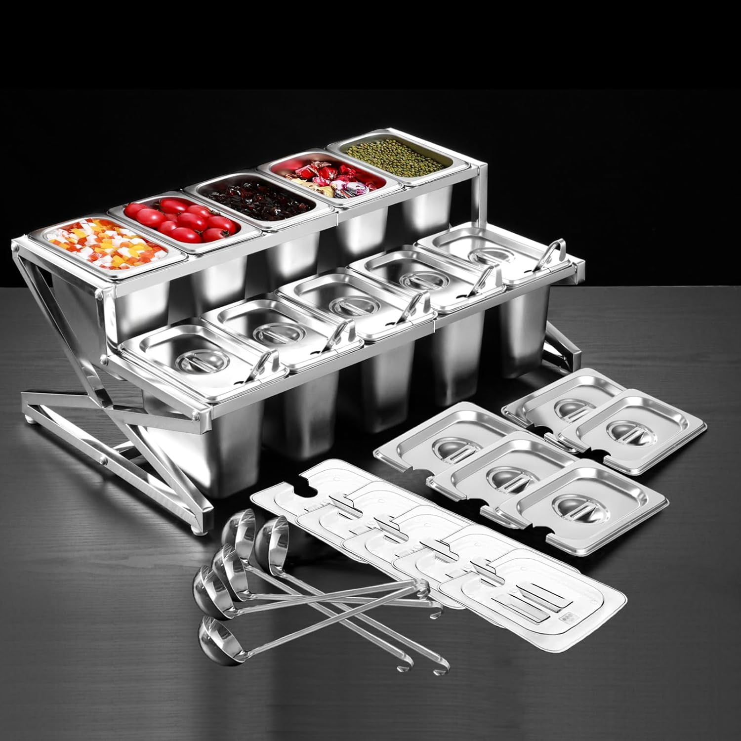 Two Tier Adjustable Stainless Steel Spice Organizer Set of 10 Pots with Spoons Commercial Kitchen Spice Rack Buffet Counter Milk Tea Shop Multifunctional Shelf (Double Flat)