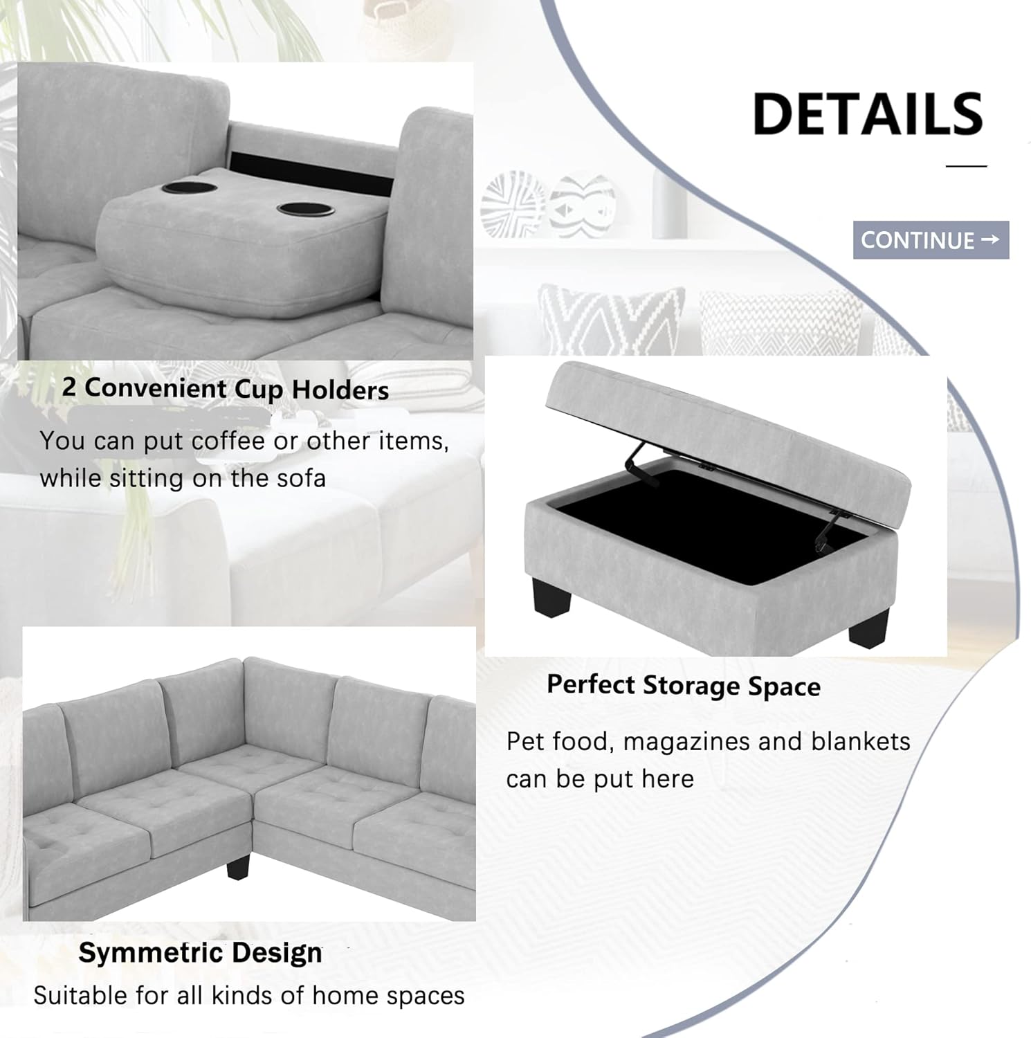 P PURLOVE Modern Sectional Sofa, Sectional Corner Sofa with Storage Ottoman and Two Cup Holders, Space Saving L Shaped Couch Set, for Living Room Apartment, Light Grey 85" Light Grey