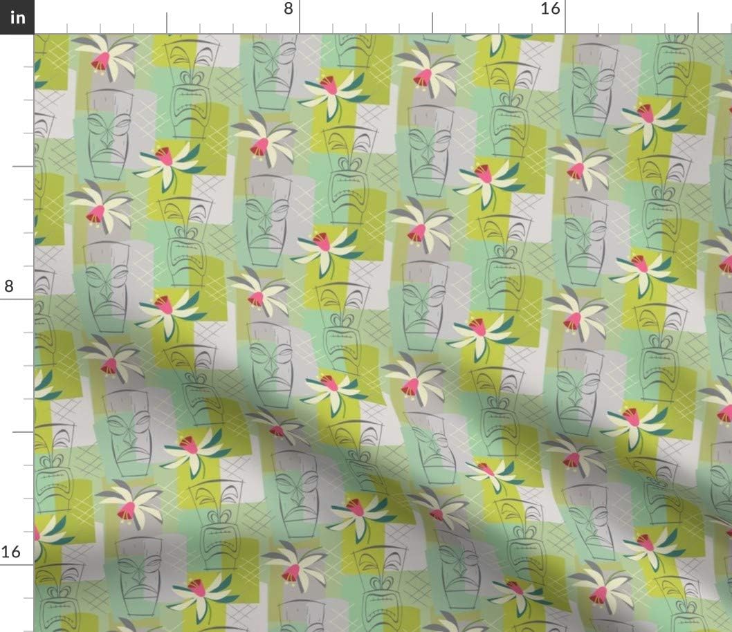 Spoonflower Fabric - Mint Tiki Hawaiian Head Polynesian Vintage Tropical Mid Century Retro Printed on Petal Signature Cotton Fabric by The Yard - Sewing Quilting Apparel Crafts Decor