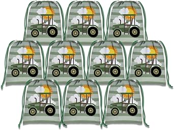Birthday Galore Farm Green Tractor Time 8.5 x 11 Inch Drawstring Goodie Bags For Party Favors - 10 Pack of Candy Treat Bags - Boys Kids Birthday Party Decorations