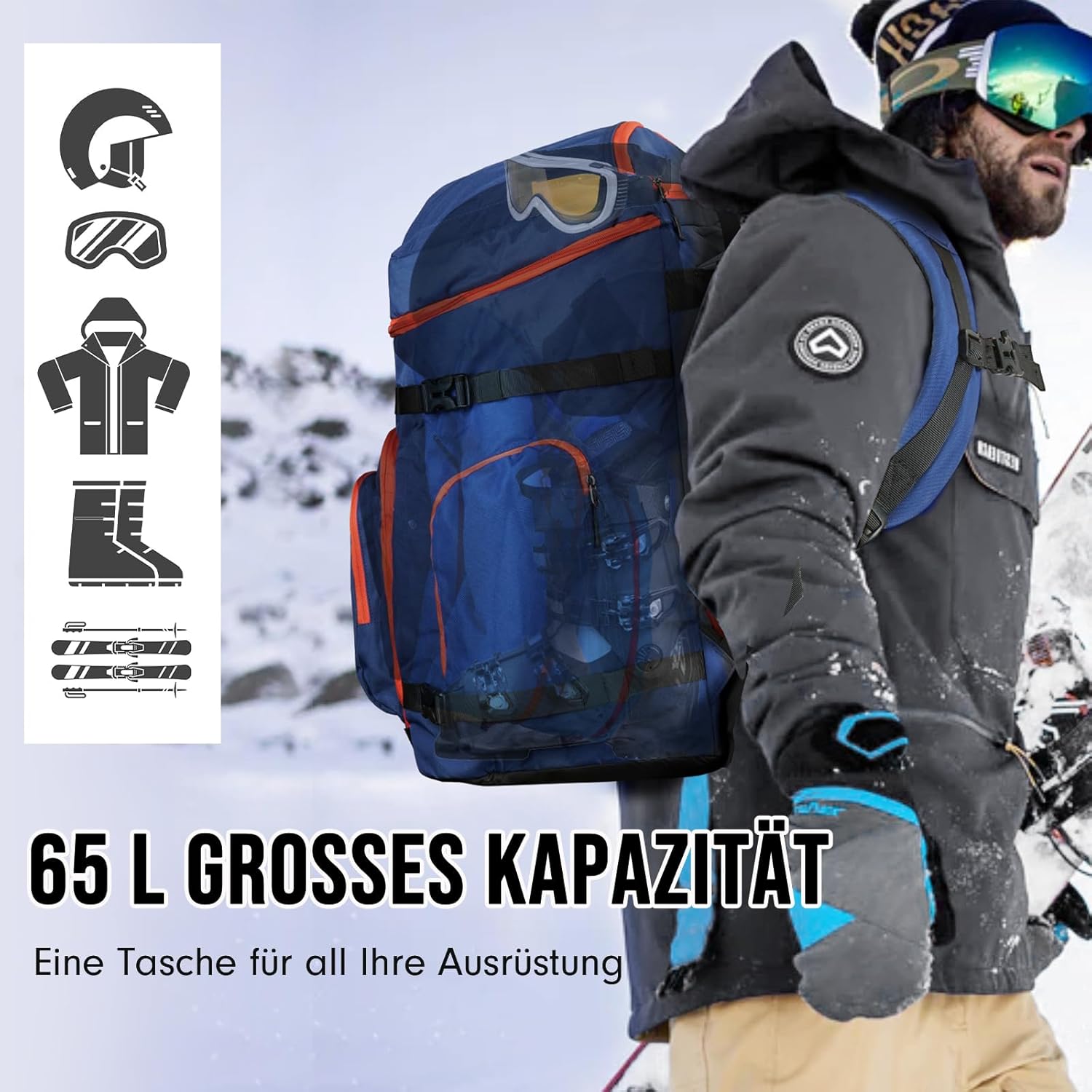 Diagram illustrating the 65L capacity of the ski boot bag with various gear icons