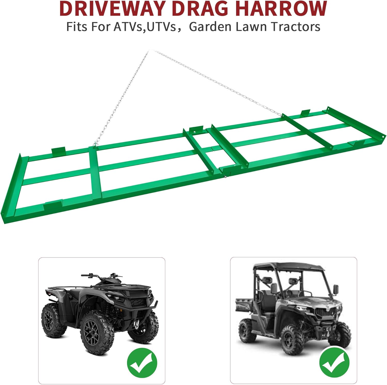 YITAMOTOR 8FT Heavy Duty Drag Harrow for ATV UTV, Yard Drag and Driveway Grader for Gravel, Lawn Leveling Tool with 6FT Chain, Green Rust-Resistant Coating