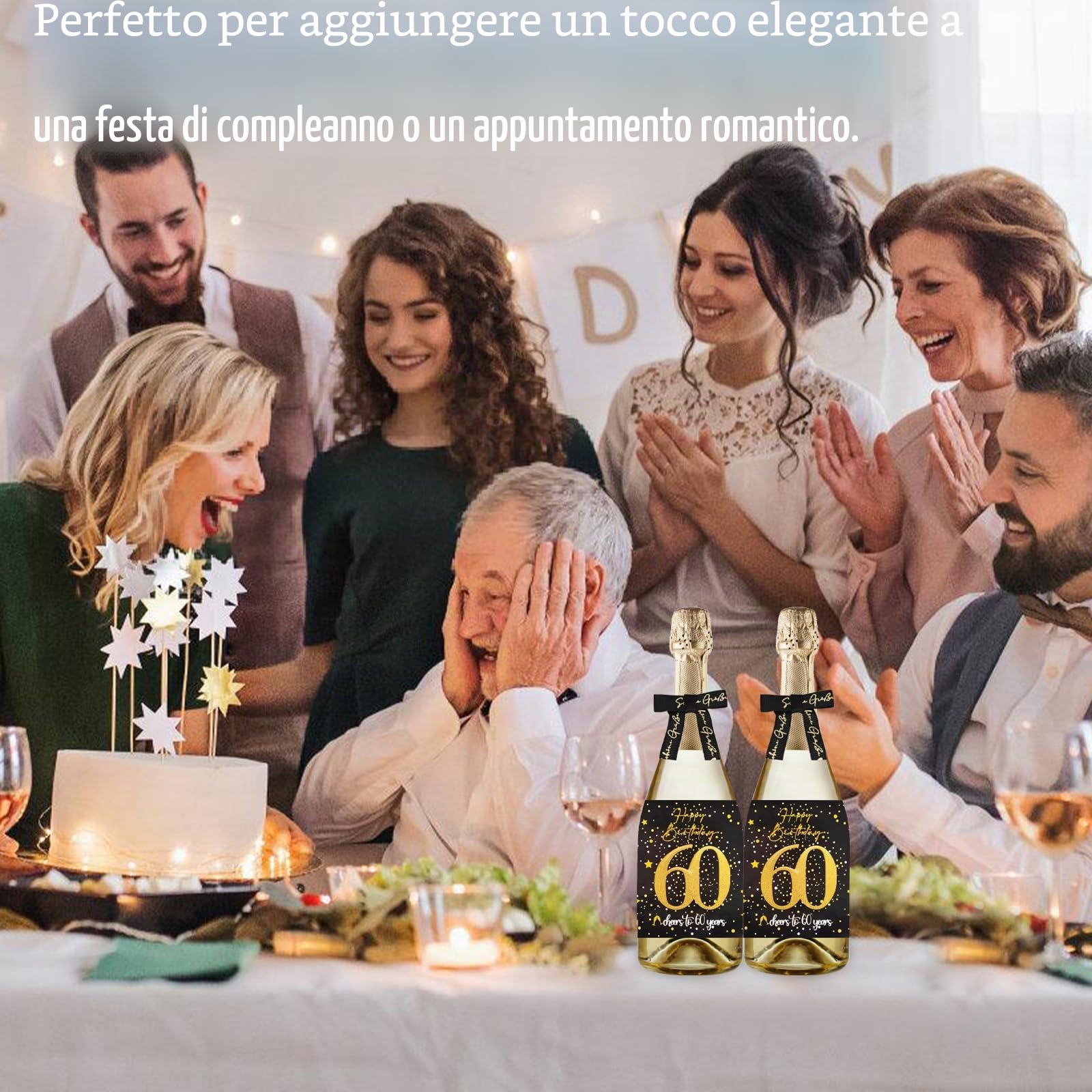 Sugeru 4 pezzi - Etichette per bottiglie per 60° compleanno e fiocchi regalo | Etichette per vino personalizzate autoadesive per spumante e vino spumante | Decorazioni per 60° compleanno, regalo