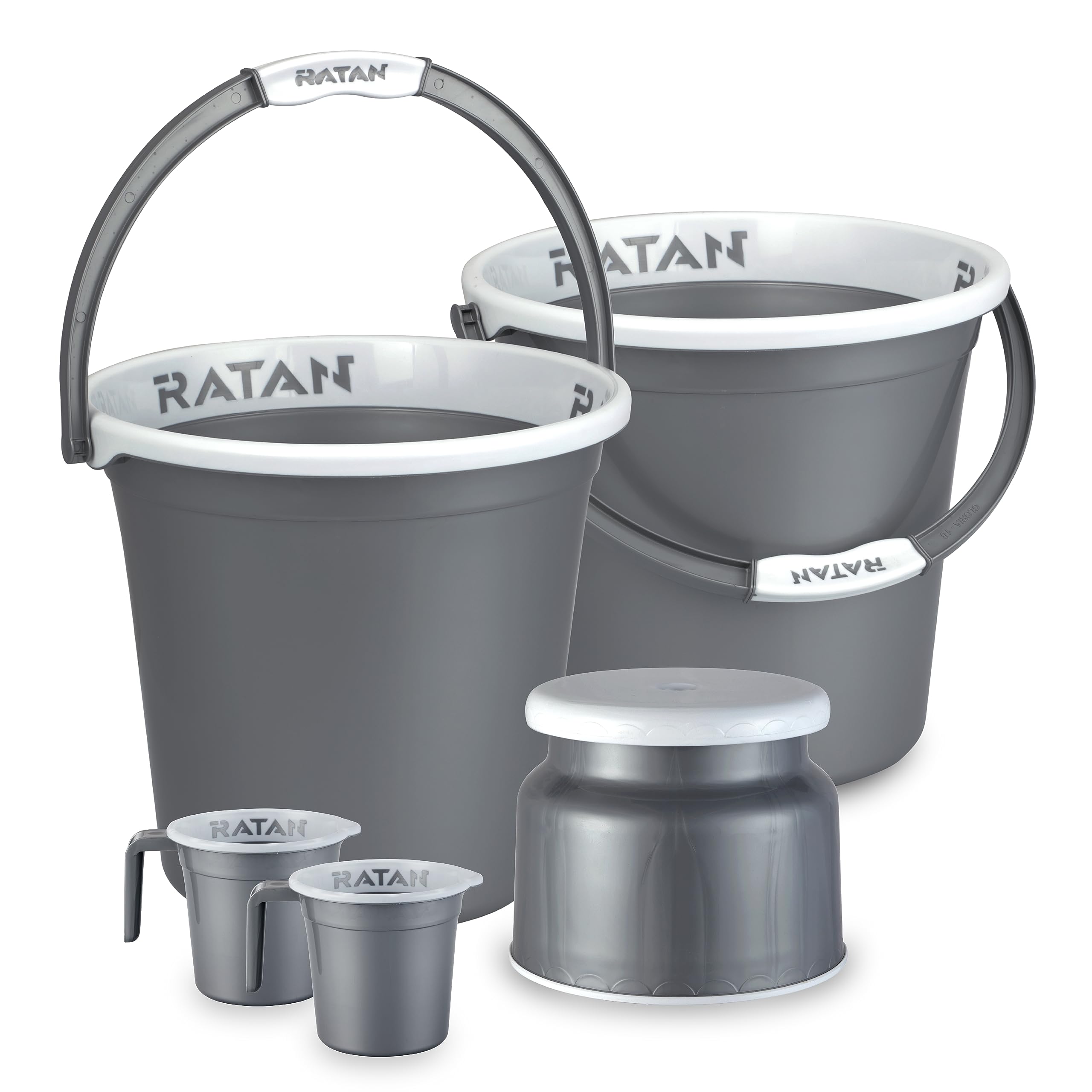 RATAN PLASTICWARE Plastic Bathroom Set of 5 Pieces Combo Pack Gloria Plain,18 Liters 2 Pieces Bucket + Nova Stool Patla 107 + Two Gloria Plain Bath Mug 1 Liter- NIR Silver
