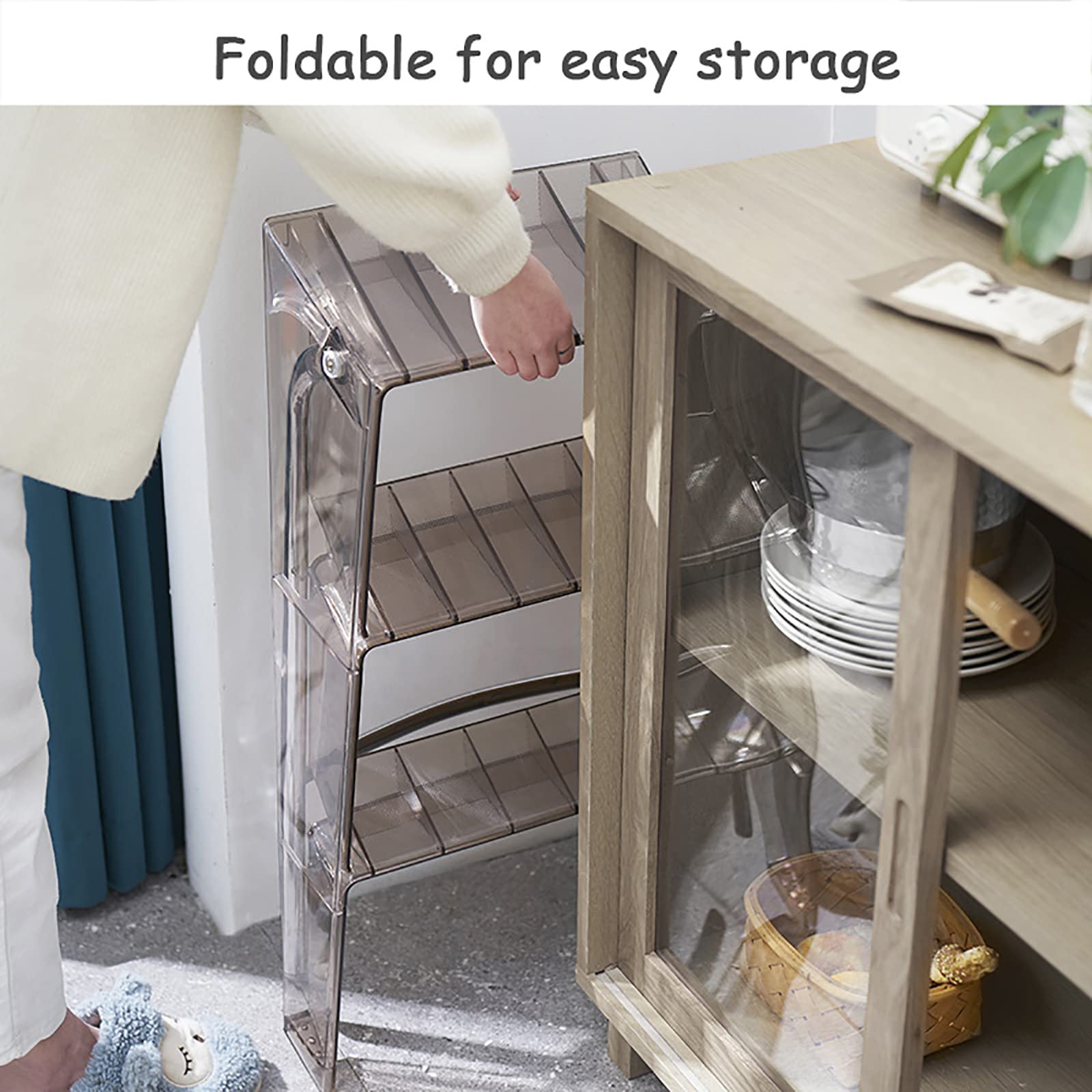 Mensola pieghevole a 3 gradini in acrilico trasparente, antiscivolo, per uso interno ed esterno, versatile, espositore per cucina e soggiorno, grigio, 44 x 59 x 61 cm