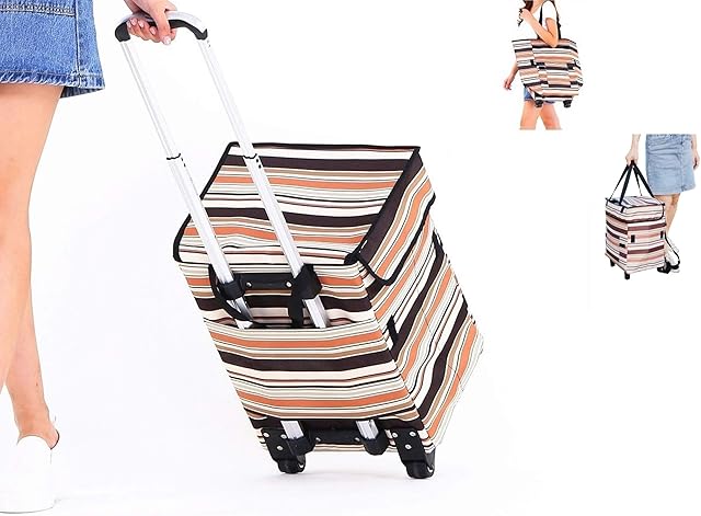 Collapsible Reusable Trolley Shopping Bag - Fineget Waterproof Foldable Utility Cart With Telescoping Handle and Wheels for Women Travelling Vacations Camping Beach Play Picnic Laundry Luggage School