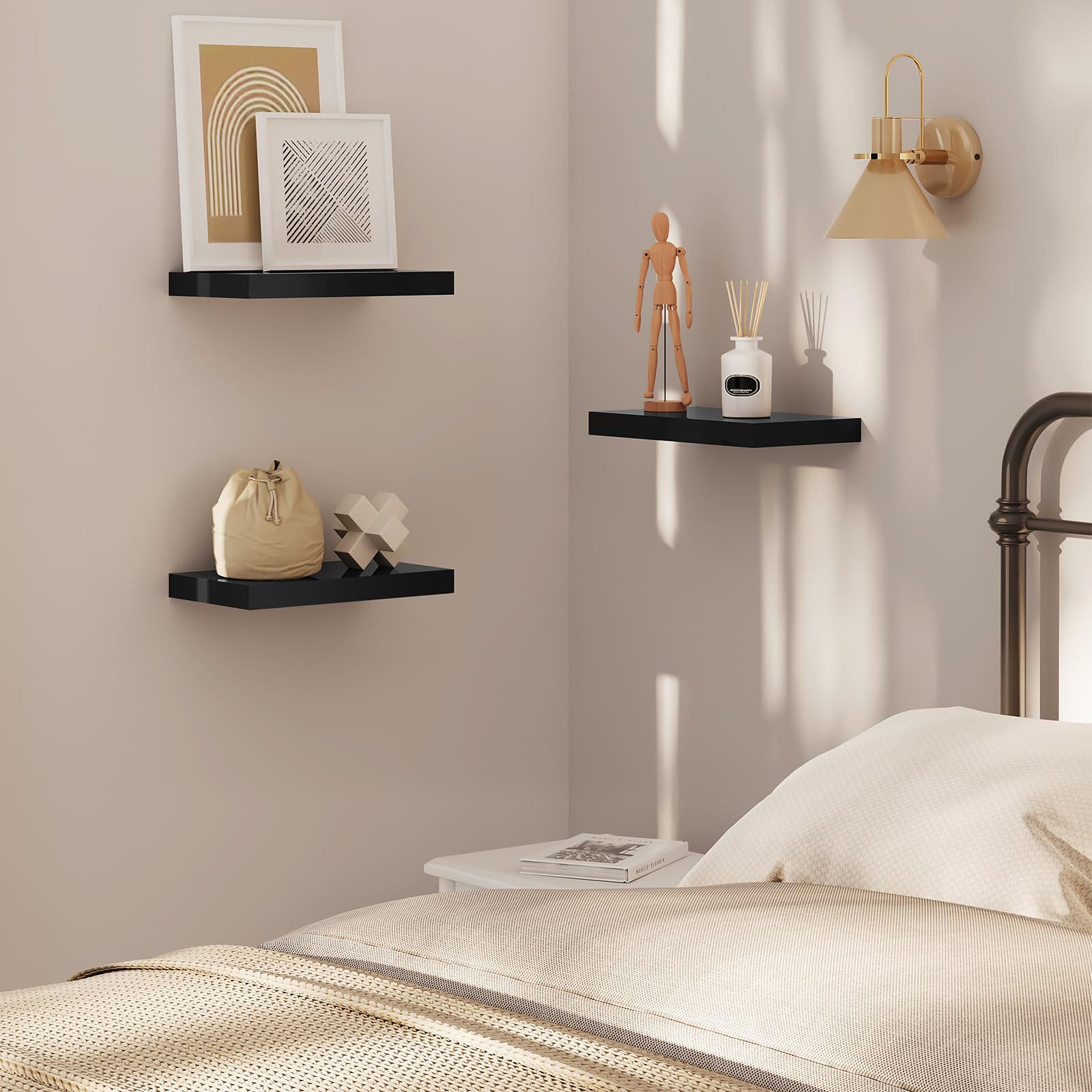 ESituro Wandregal Schwarz Hochglanz 60x22,9x3,8 Cm – Schweberegal Mit Versteckter Halterung, Belastbar Bis 15 Kg, Für Wohnzimmer, Küche, Bad & Büro