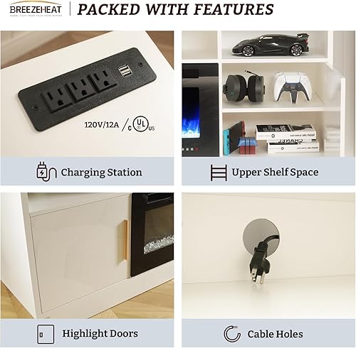 Miniatura 58 de BREEZEHEAT Soporte de TV eléctrico con chimenea de 36 pulgadas de hasta 80 pulgadas, centro de entretenimiento LED con puertas de alto brillo,
