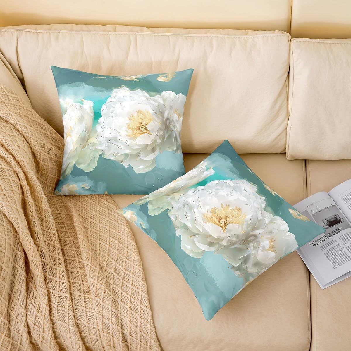 Feelyou White Flower Square Cushion Covers Set of 4 Botanical Pillow Covers for Boys Girls Teel Blue Throw Pillow Covers Garden Flower Pillow Covers 18 x 18-Inch