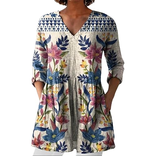 Linen Tops for Women 2025 3/4 Sleeve Vintage Floral Print Casual Linen V-Neck Shirt for Stylish Wear