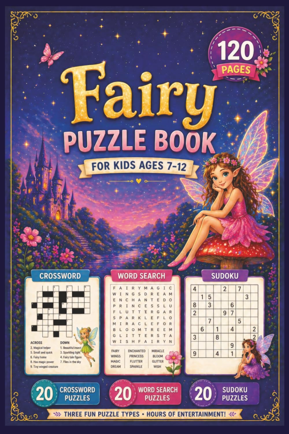 Fairy Puzzle Book for Kids Ages 7–12: Word Search, Crosswords and Sudoku – 60 Fun Puzzles for Kids