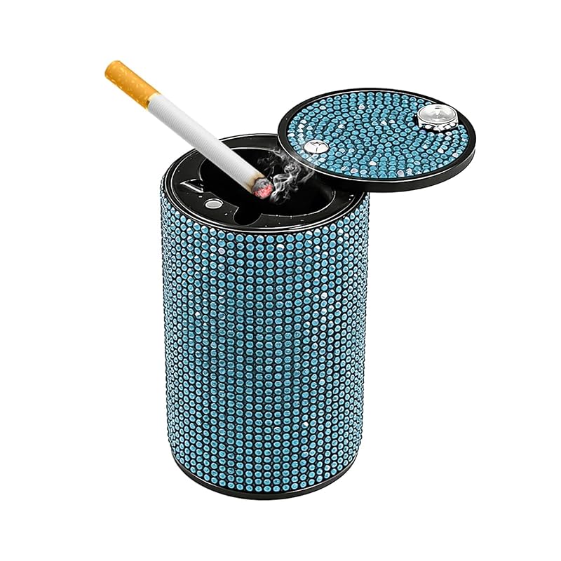 Cinzeiro automotivo Bittwee com tampa, metal e strass, formato para porta-copos, azul-claro