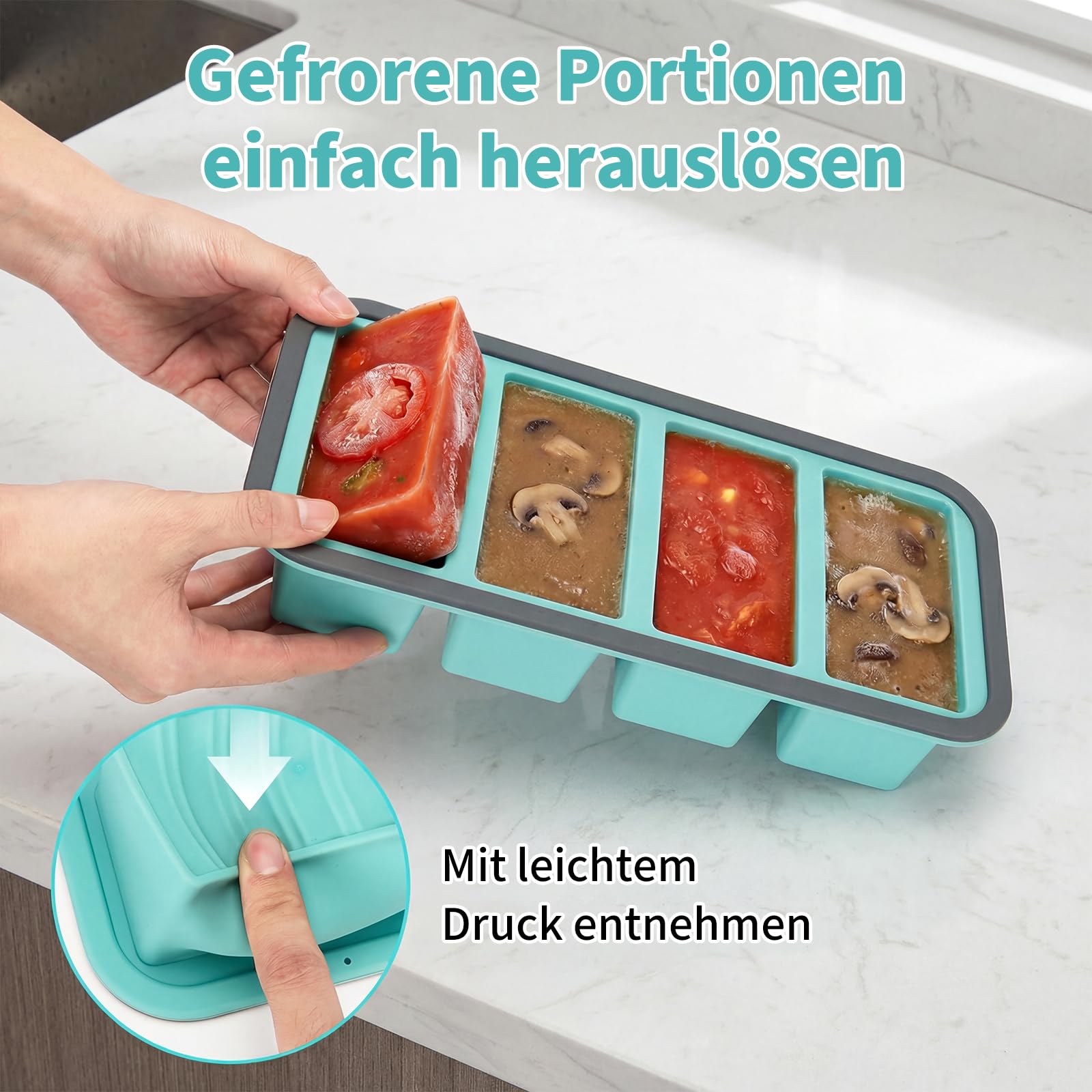 Silikonowy pojemnik z pokrywką, zestaw 3 szt., po 4 komory, na zupę, bulion, sosy i meal prep, podziałka 125/250 ml, wzmocniona krawędź, BPA free, sztaplowany