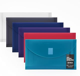Better Office Products 36 Plastic Envelopes, Reusable Poly Envelopes, No.10, 9.75 x 5.5 Inch, Assorted Colors, Transparent, Side Loading, with 1" Gusset for Extra Capacity, Hook and Loop Closure,