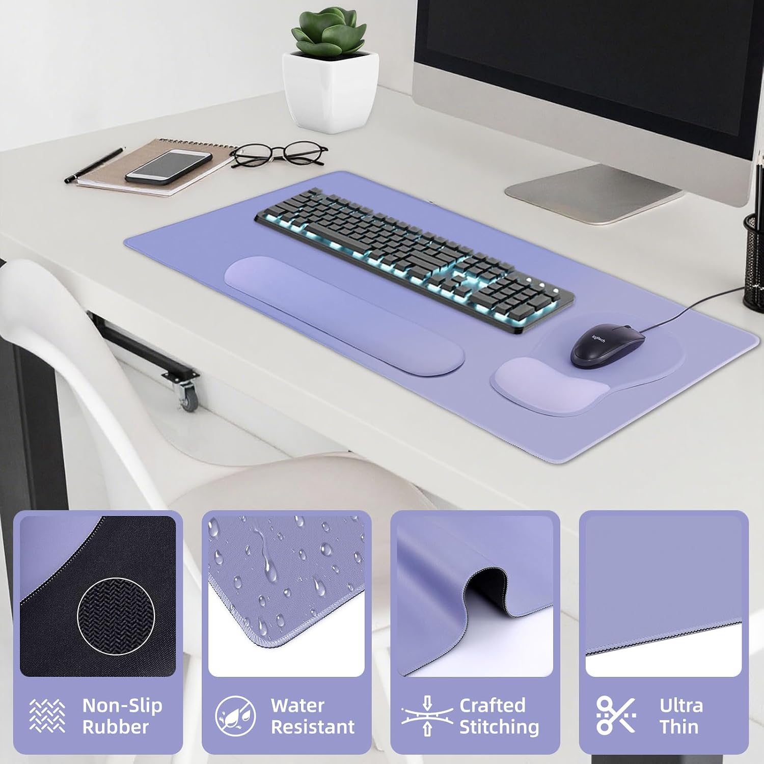 Boutilon Mouse Pad Set,Desk Writing Pad with Wrist Rest, Ergonomic Wrist Support Mouse Pad, Keyboard Wrist Rest, Cup Coaster for Gaming Working Home Office (Dark Purple)