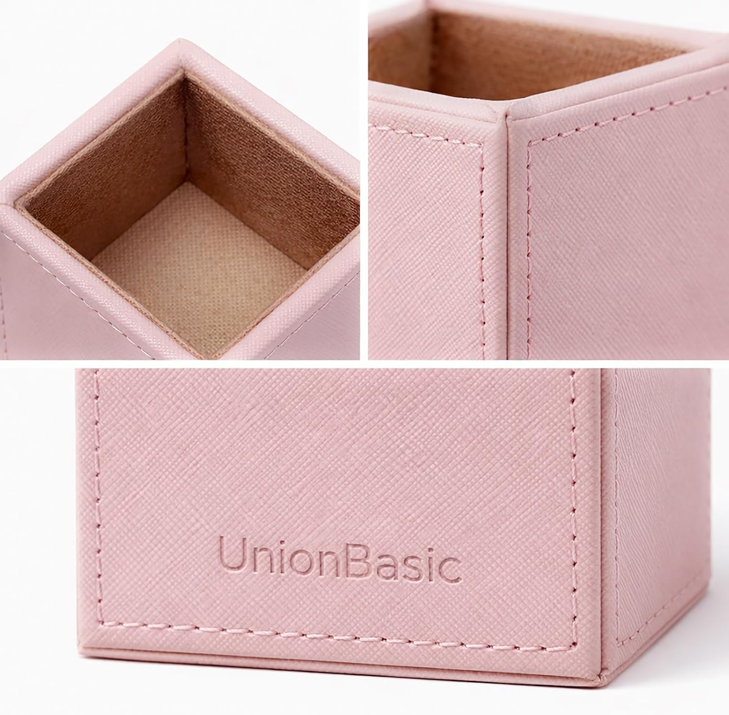 UnionBasic Square Pen Holder, Leather Pencil Cup, Desktop Caddy Stationery Organizer, Taiga Pattern Leather, Pink image 3