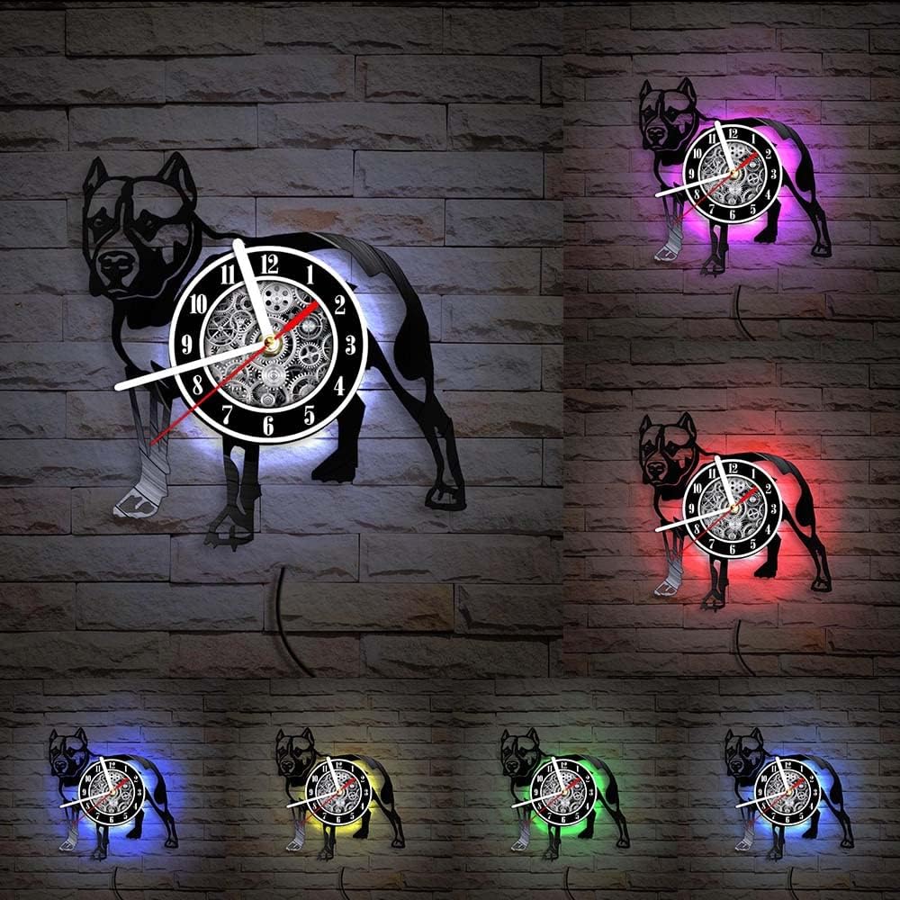 The Geeky Days LED Silent Quartz Clock, American Bully Pitbull Vinyl Record Non Ticking Wall Clock 7 Color Light, Pet Puppy Animal Dog Modern Hanging Watch Home Store Decor