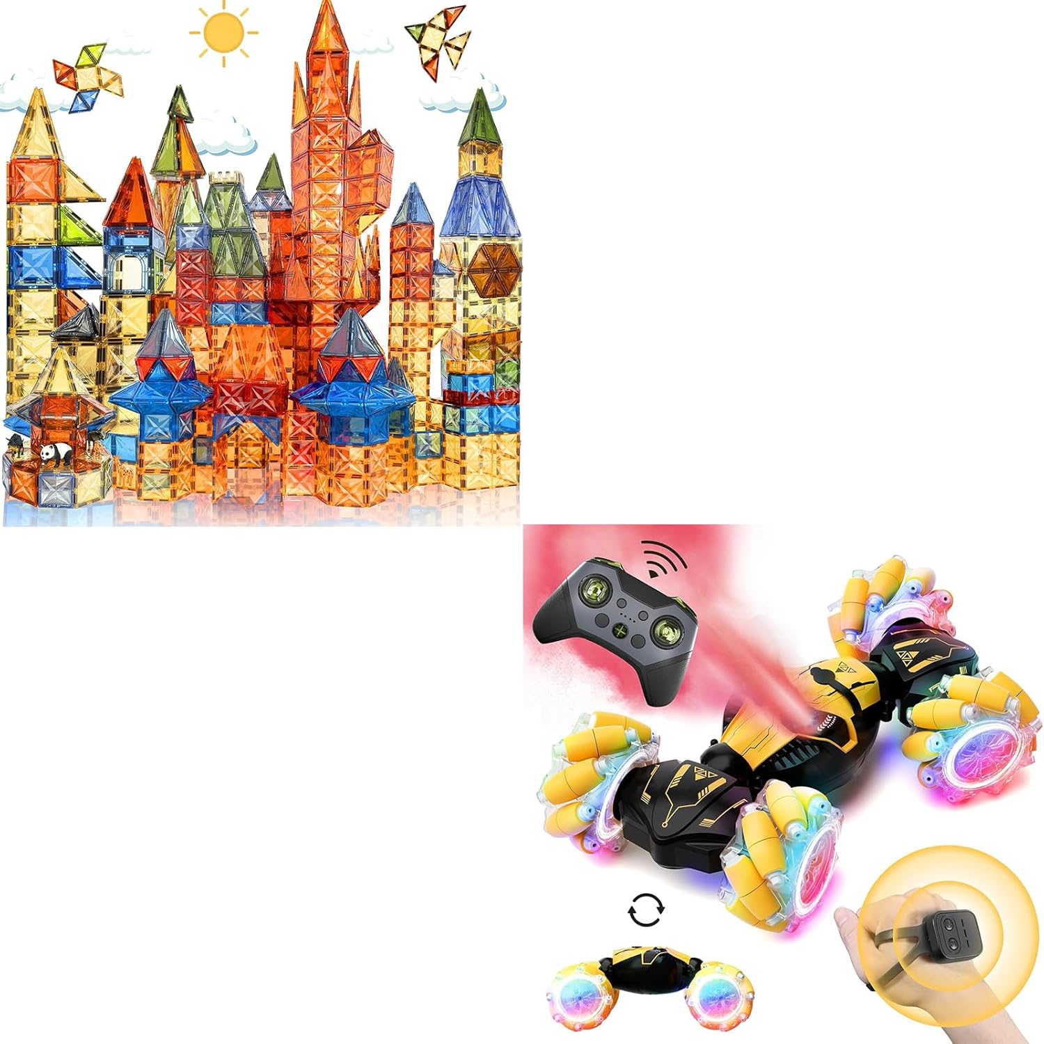 100 PCS Magnetic Tiles+1 Gesture Sensing Remote Control Car with Sprayer(Yellow)