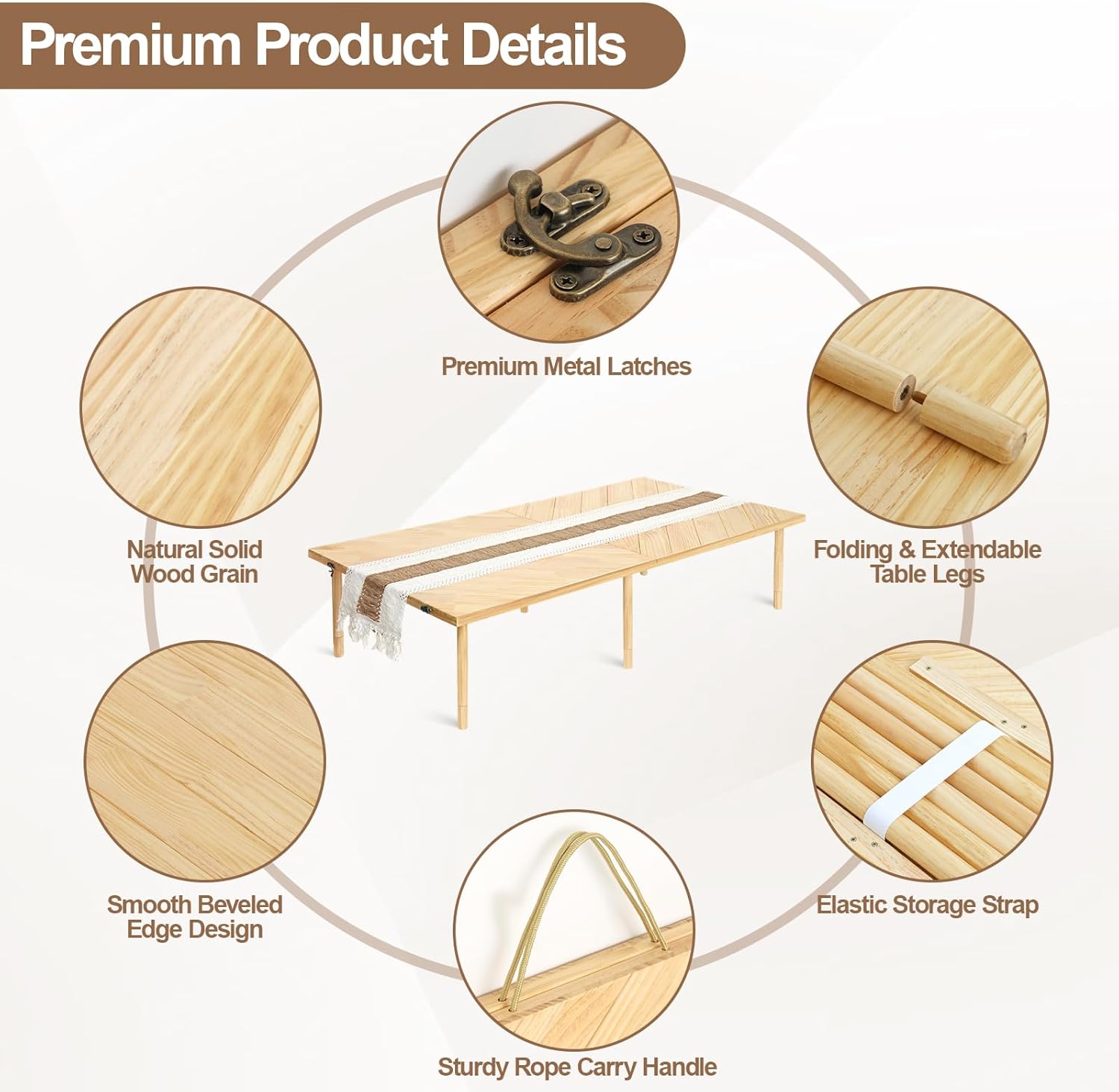 Folding Picnic Table 60x30in, Solid Wood Portable Low Floor, Mortise & Tenon Joints, Adjustable Height, Boho for Beach Camping Garden Party, Runner Included, Seats 6-8
