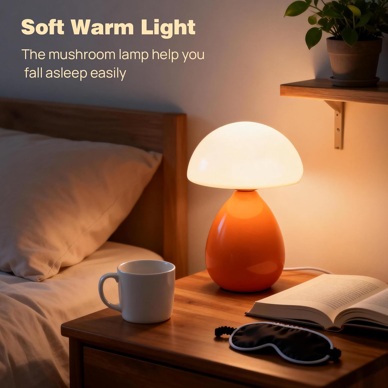 Mushroom Table Lamp for Bedroom, Small Lamp for Living Room, Bedside, Nightstand, Desk, Unique Aesthetic Cute Tiny Modern Office Home Decor, Birthday Gifts for Women, Ceramic, Orange