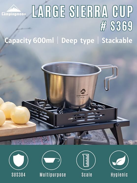 CAMPINGMOON Deep Sierra Cup 600ml Stainless Steel Camping Cup 304 Food Grade Outdoor Cooking Bowl Measurement Marks Stackable Camping Cookware Backpacking Hiking Campfire Use S369