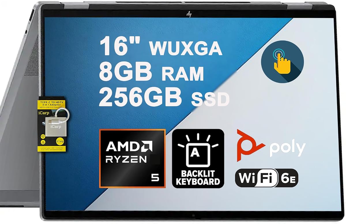 Laptop HP OmniBook X Flip 16 2 en 1 Pantalla táctil WUXGA IPS de 16" 400 nits AMD Ryzen 5 220 de 6 núcleos 8 GB de RAM 256 GB SSD Wi-Fi6E retroiluminado para Creator Designer Business Professional Win11 ICP Hub