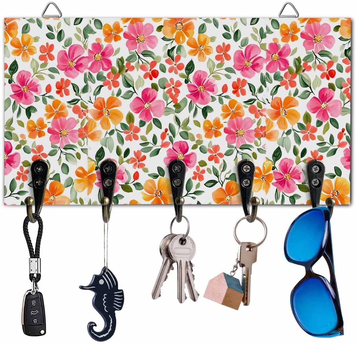 Key Holder for Wall Orange Pink Flowers Decorative Hanging Key Rack Wall Mount with 5 Hooks Watercolor Spring Organizer Wall Decor for Entryway Front Door Kitchen 9.4x5in