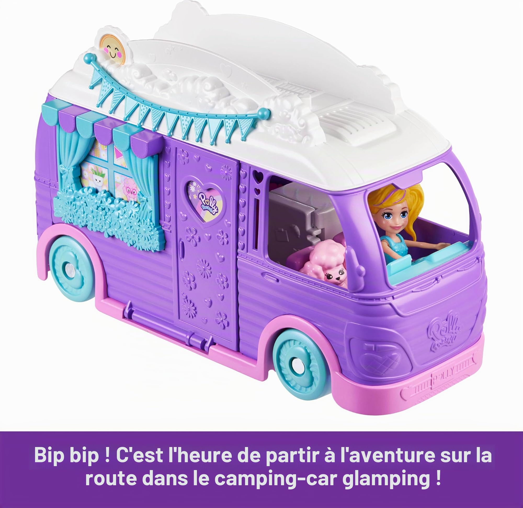 Polly Pocket Ensemble de Jeu pour poupée et Animal de Compagnie, Jouet de Voyage avec Accessoires de Camping et de Nourriture, Camping-Car Glamping