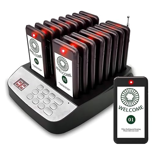 PANDAAR 911B Restaurant Pager System, Beeper Pagers for Food Truck, Fast Food Restaurant, Bar, 16 Buzzers, Black