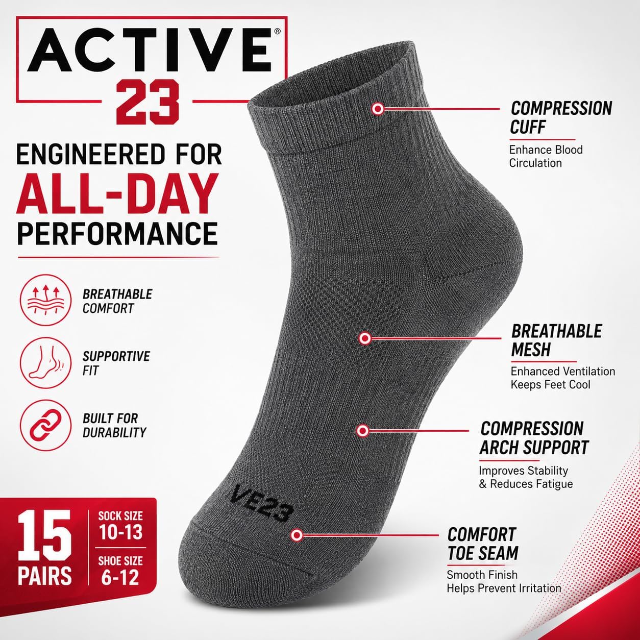 Men’s Socks 15 Pack Cushioned Breathable Moisture-Wicking Comfort, for Sneakers, Running, Gym & Everyday Wear