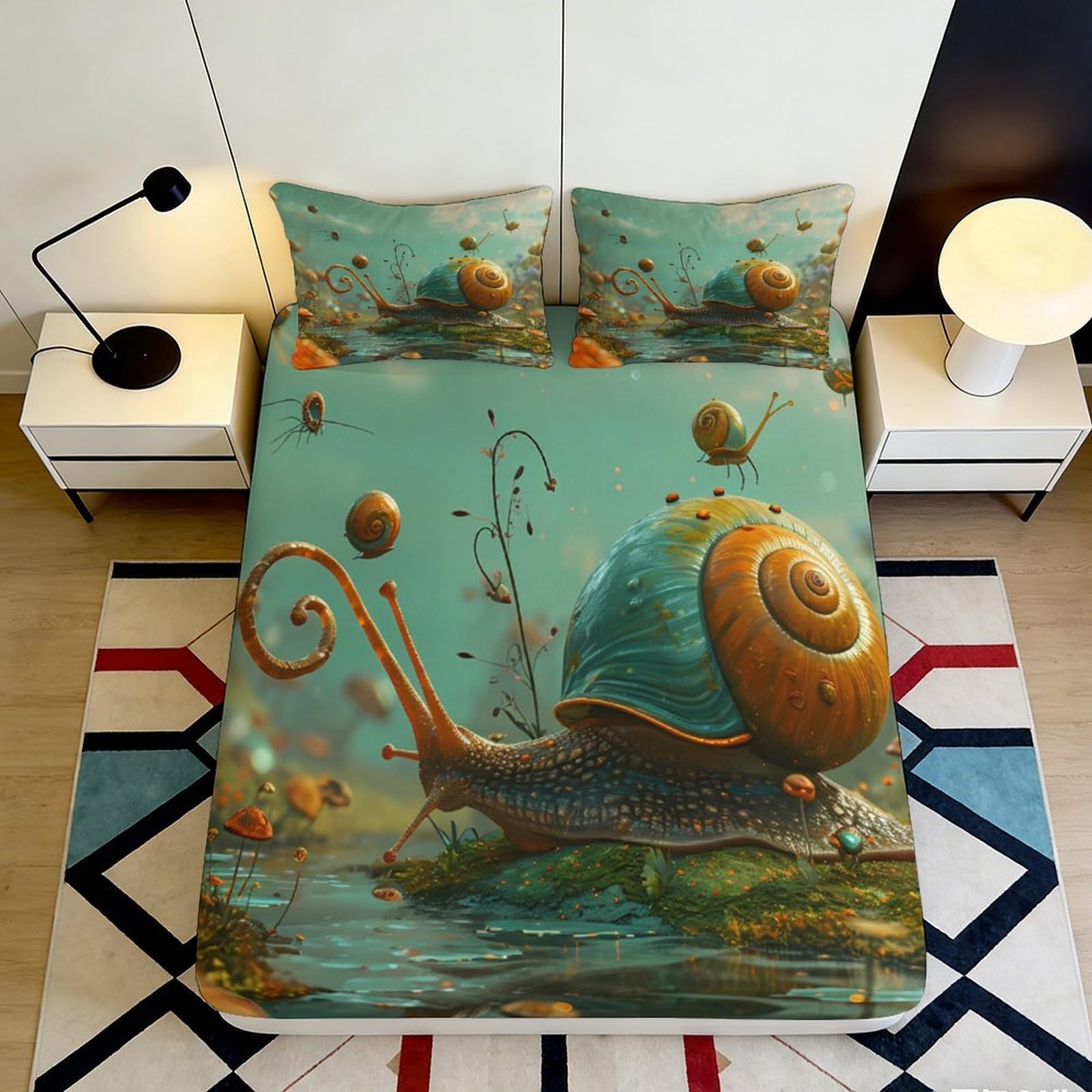 3D Printed Snail Fantasy Fitted Sheet Microfiber Soft Mattress Cover Artistic Green Decor Bedroom Dorm 90x200x25cm