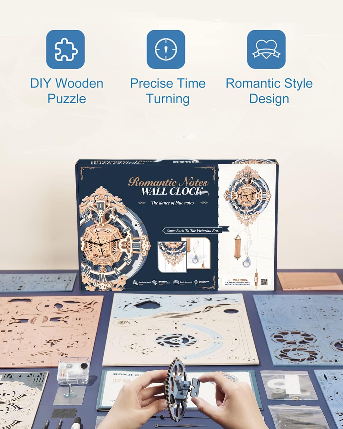 ROBOTIME Clock Wooden Puzzle, 3D Puzzle for Adults Wooden Metal Mechanical Model Clock Kits to Build, Hobbies Gift for Men Aesthetic DIY Decoration Wall Clock with Pendulum