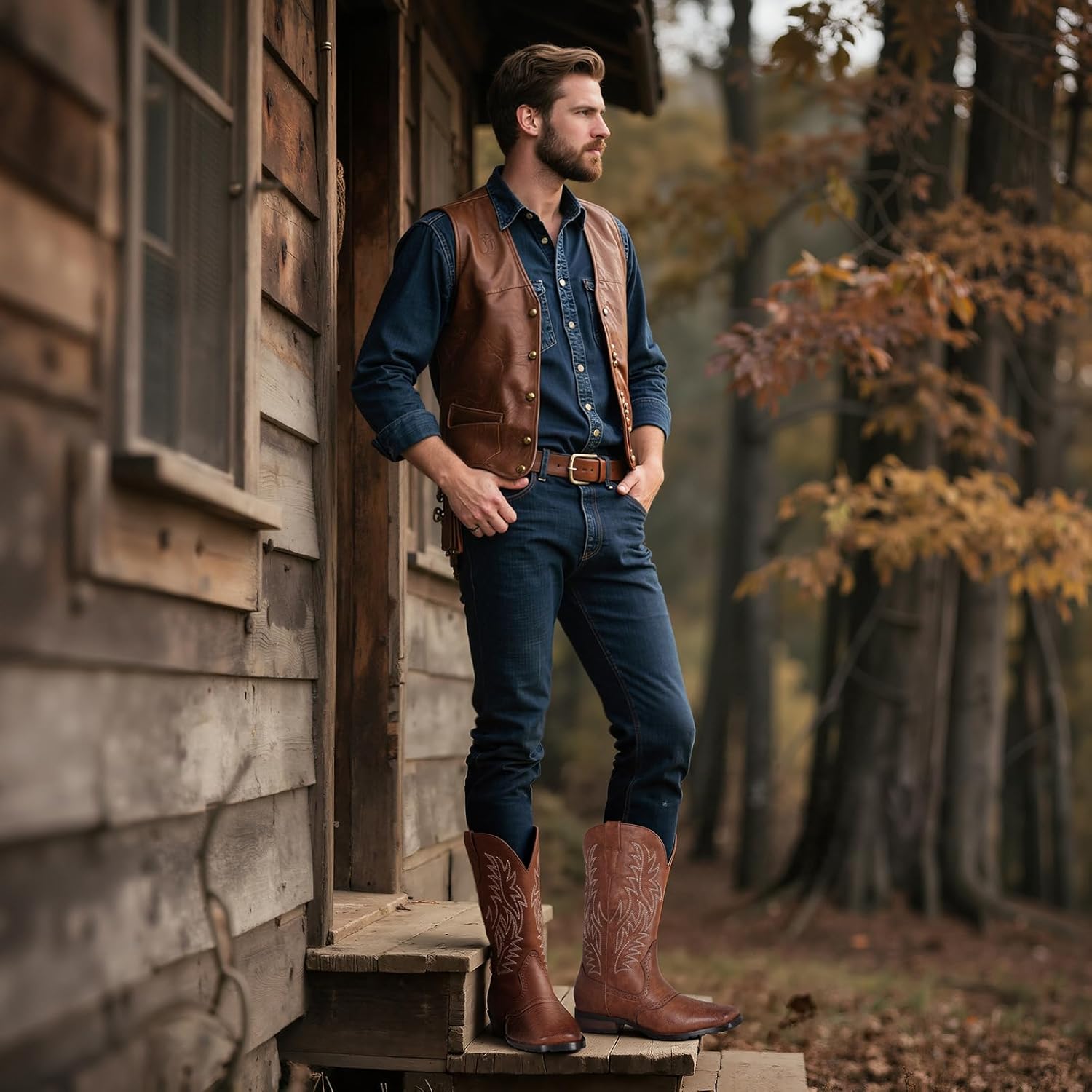 Cowboy Boots for Men, Western Men's Boots, Slip on Square Toe Boots, Slip Resistant Country Boots, Chunky Heel Ankle, Durable Short Boots for Spring Fall