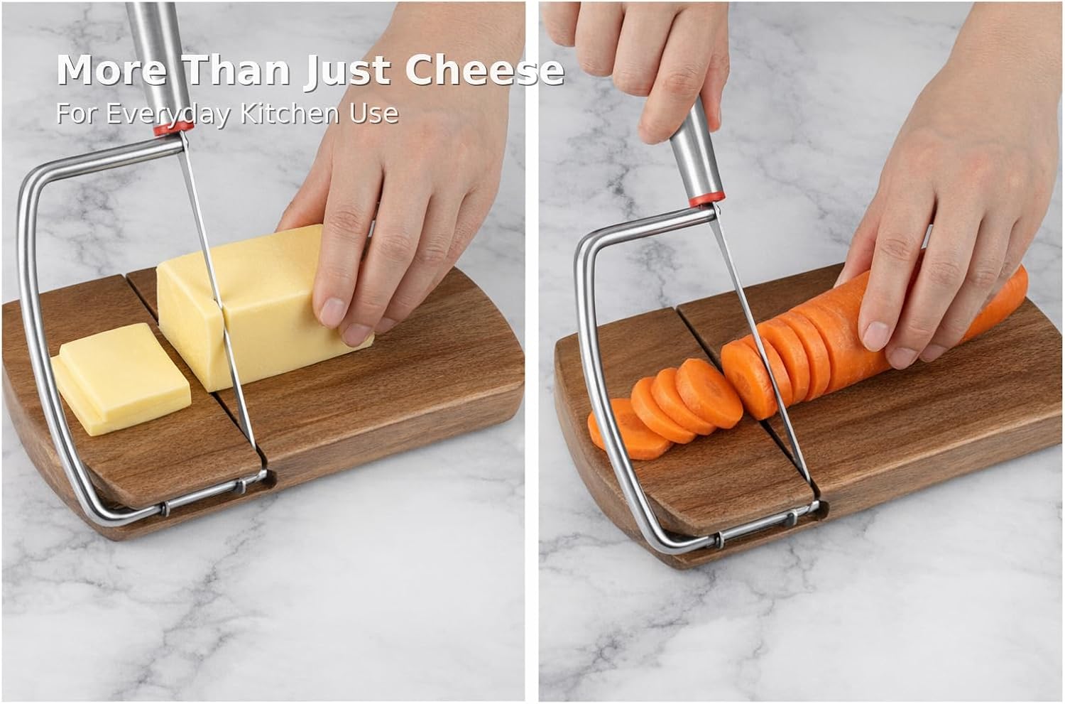 Cheese Slicer with Acacia Wood Base - Integrated Blade Guillotine Cutter for Hard & Soft Cheese, Charcuterie Board Accessory, Kitchen Gadget for Party, Camping, Picnic, Appetizer Serving