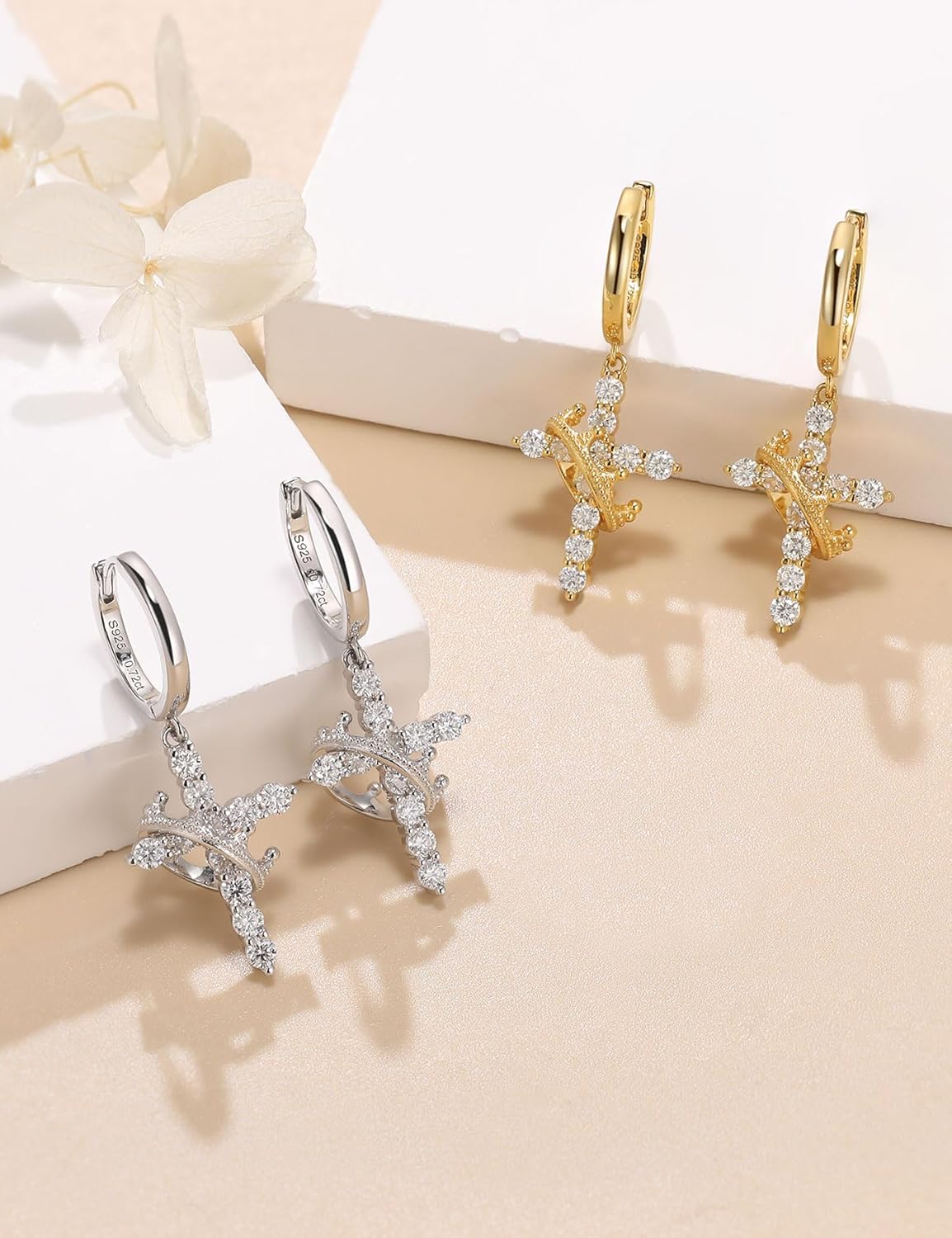 Moissanite Sterling Silver Cross Earrings for Women Huggie Drop Hypoallergenic Lightweight Earring Set - Image 4