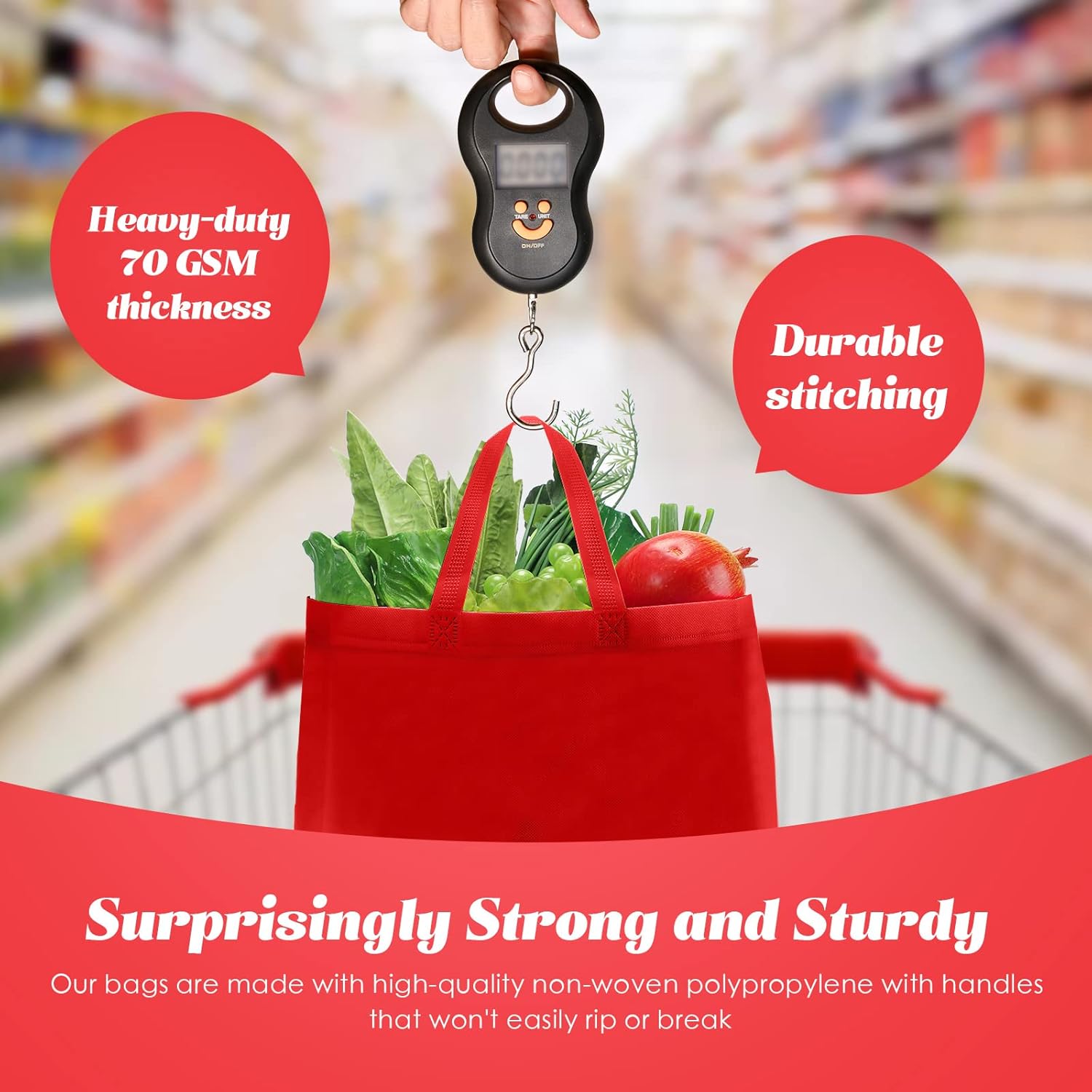 Reginary 50 Pieces Reusable Totes Bag Bulk Shopping Bags Non Woven Grocery handbag with Handles Foldable for Boutiques(Red) - Image 6