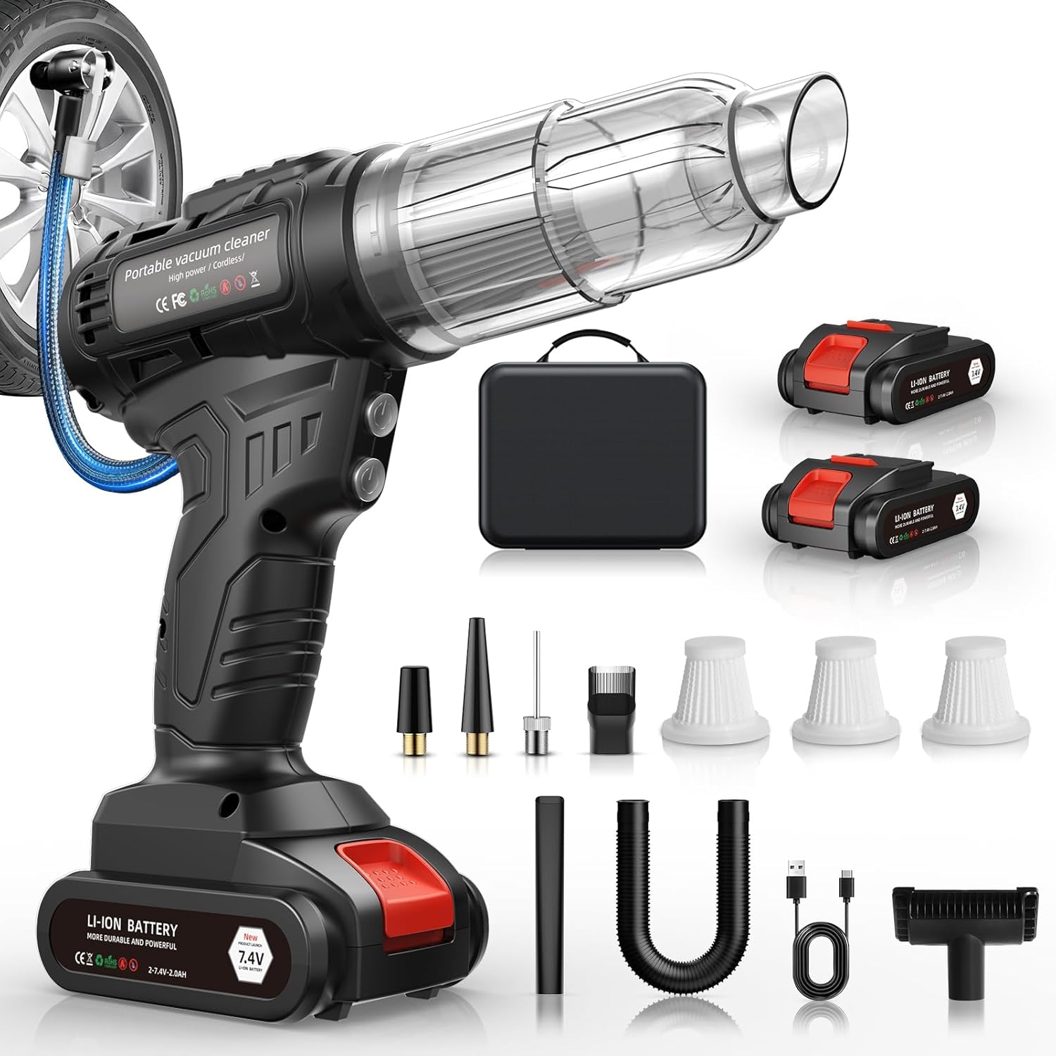 Car Vacuum Portable CordlessTire Inflator for Car 2in1, 40000Pa High Power Dust Buster, Rechargeable 2 Batteries Powered Vacuum Cleaner for Office Home Pet Hair Gifts for Husband Men Black