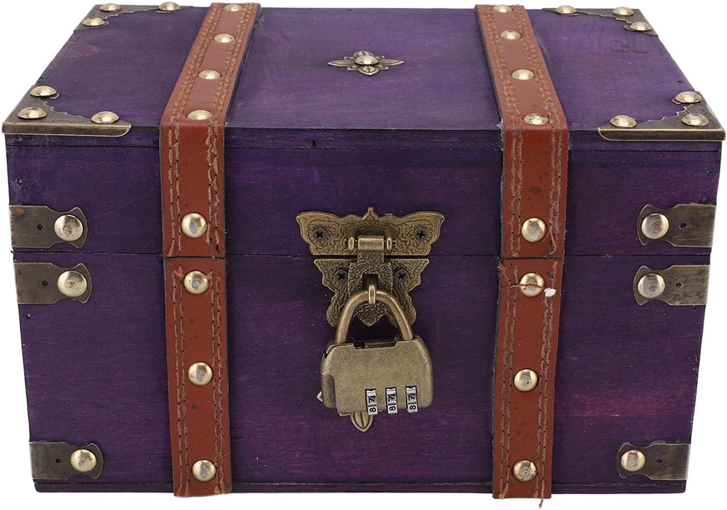 POCREATION Vintage Wooden Treasure Chest with Lock, Handmade Antique Jewelry Box, Violet Wood Storage for Gifts, Tabletop Decor Organizer