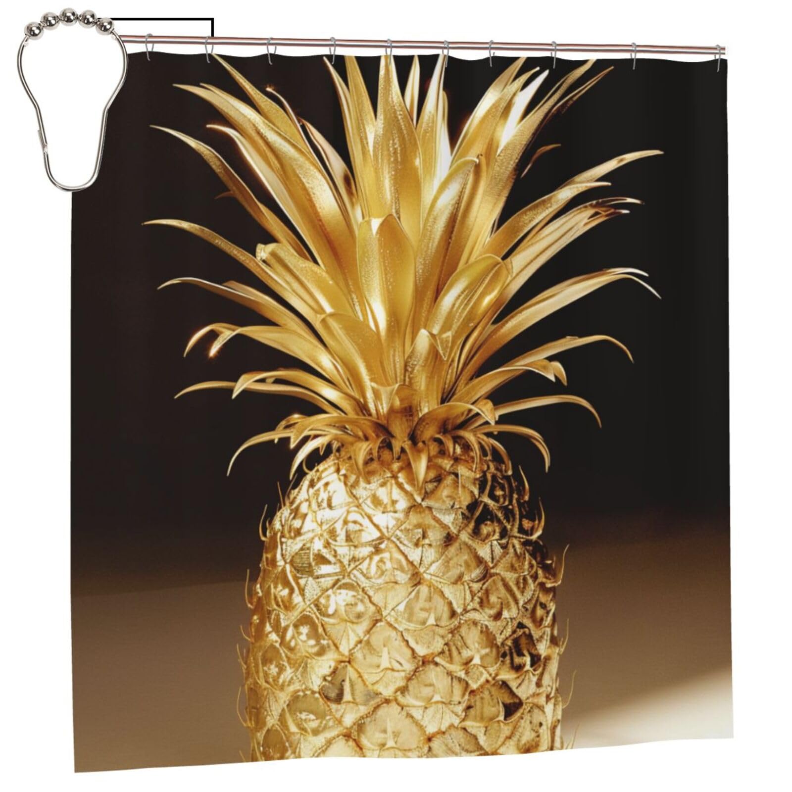 BWWHCCTI Gold Pineapple Printed Shower Curtain With 12 Iron Hooks Opaque Quick Drying Waterproof Shower Curtains Sets For Bathroom 183x183 CM