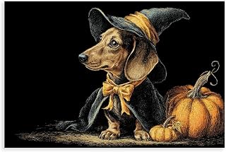 JDBeehpy Halloween Dachshund Witch Hat Wall Art Painting Cute Dog Cape with Pumpkins Frameless Canvas Print Poster Whimsical Spooky Decor Mural 12x18inch(30x45cm)