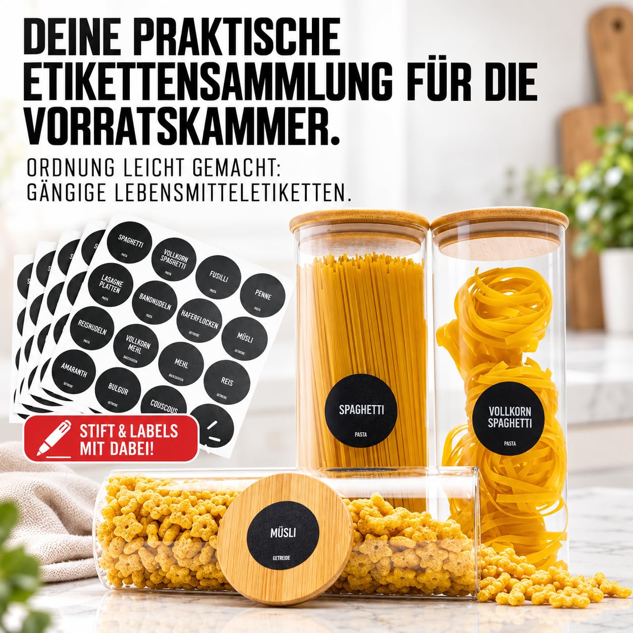 Deco haus Vorratsgläser Glasbehälter mit Deckel für Spaghetti 3x 1950ml | Vorratsgläser mit Deckel + Etiketten [Luftdicht]