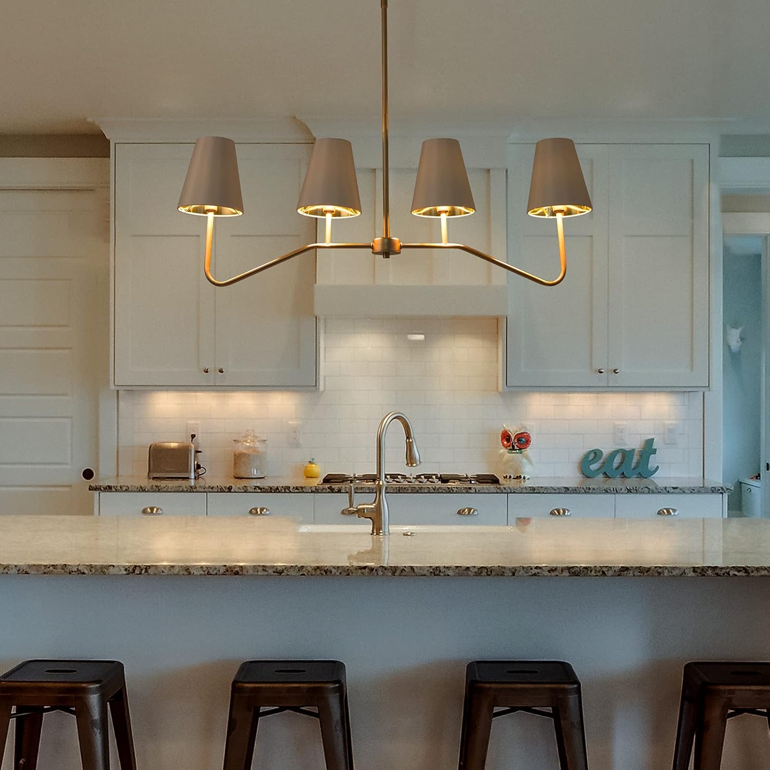 Flash Deals - 80% OFF Gold Chandelier Light Fixture, 4-Light Modern Farmhouse Chandelier for Dining Room, 35 Linear Kitchen Island Lighting, White Linen Shades