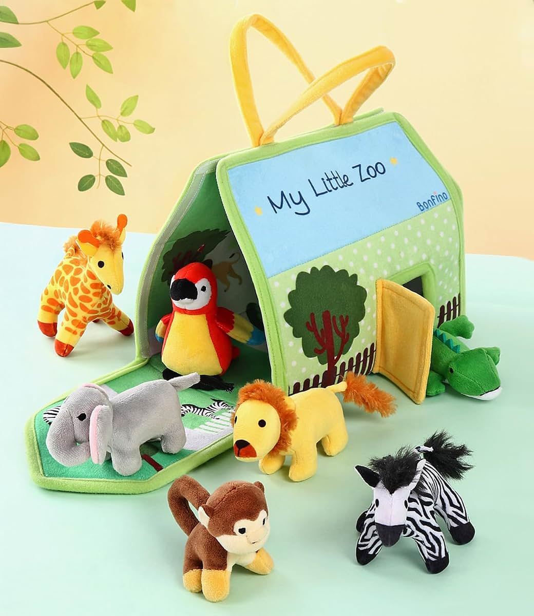 Bonfino Premium My Little Zoo House Playset with Bag for Kids,7 Plush Animal Figurines,Educational