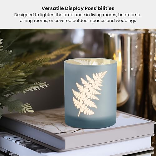 Miniatura 6 de Jarrón de vidrio esmerilado con motivo de helecho, acento decorativo de 5 pulgadas de alto en acabado de espejo azul esmerilado y dorado para flores